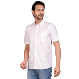 Pink cotton men's casual half-sleeve solid shirt, mandarin collar on model