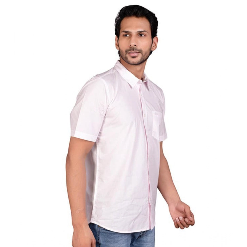 Pink cotton men's casual half-sleeve solid shirt with mandarin collar