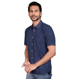 Navy cotton men's casual half-sleeve solid shirt, mandarin collar on hanger