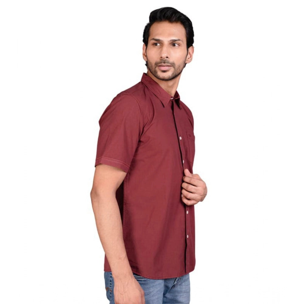 Maroon cotton men's casual half-sleeve solid shirt with mandarin collar, perfect for a relaxed look