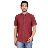 Maroon cotton men's casual half-sleeve solid shirt with mandarin collar, ideal for everyday wear
