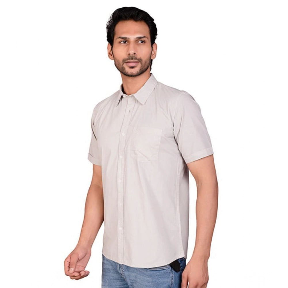 Grey cotton men's casual half-sleeve solid shirt with mandarin collar - realistic image for online shopping