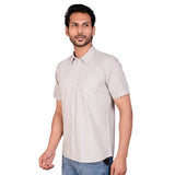 Grey cotton men's casual half-sleeve solid shirt with mandarin collar - realistic image for online shopping