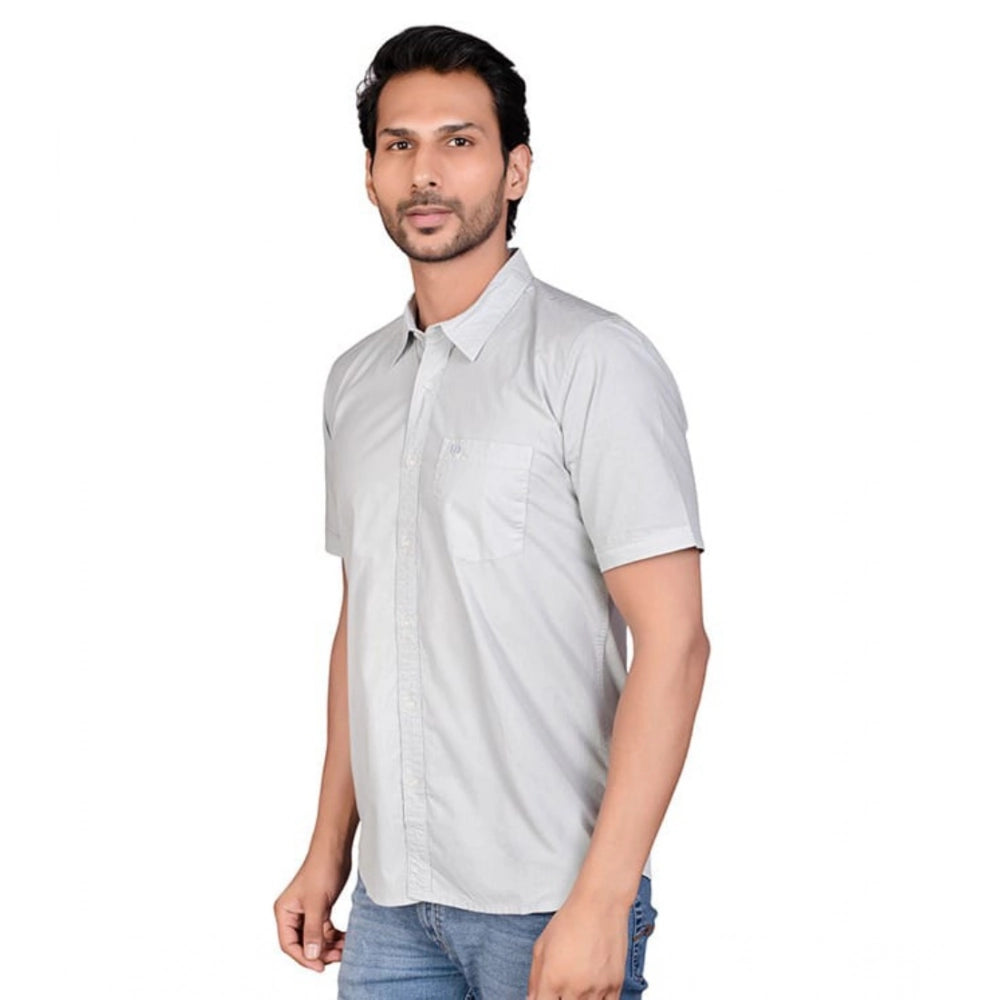 Grey cotton men's casual half-sleeve solid shirt on model, mandarin collar style