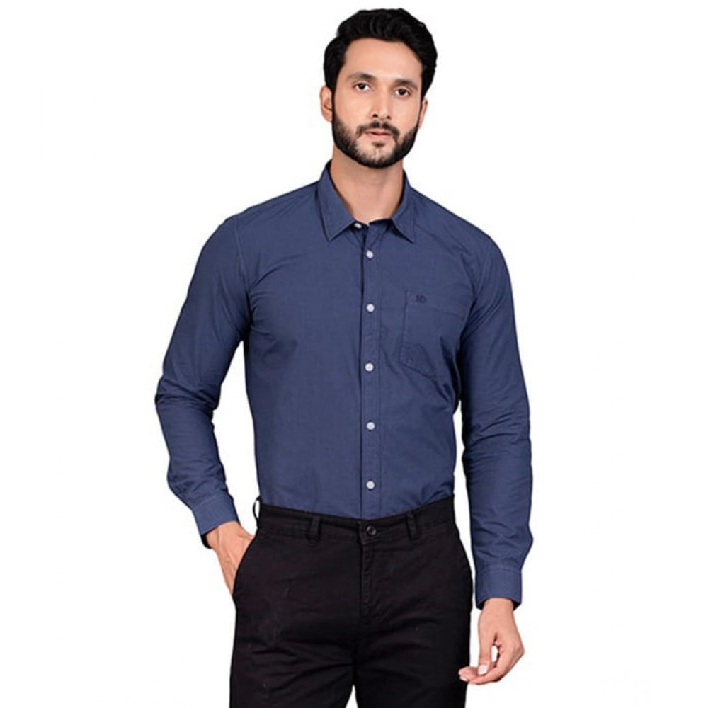 Navy cotton men's casual full sleeve solid shirt with mandarin collar on model