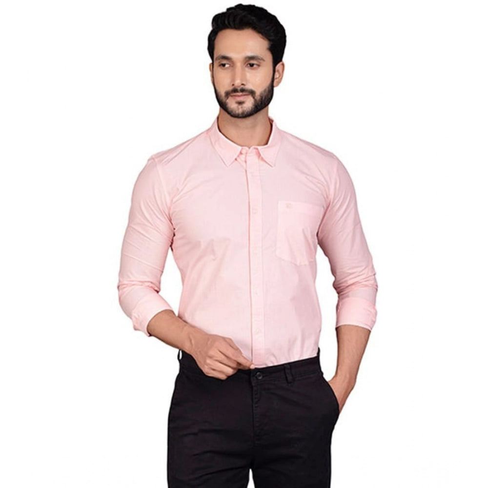 Peach cotton men's casual full sleeve solid shirt on model, mandarin collar