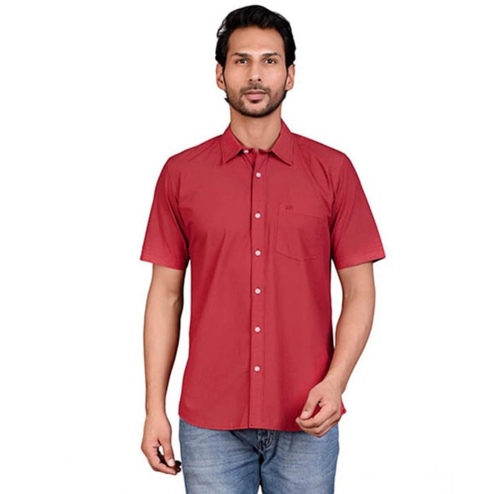 Red cotton men's casual half-sleeve solid shirt on model, mandarin collar