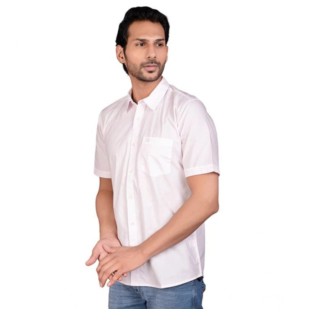 Pink cotton men's casual half-sleeve solid shirt, mandarin collar style for fashionable everyday wear
