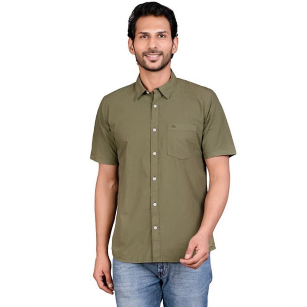Green cotton men's casual half-sleeve solid shirt, mandarin collar design for stylish comfort