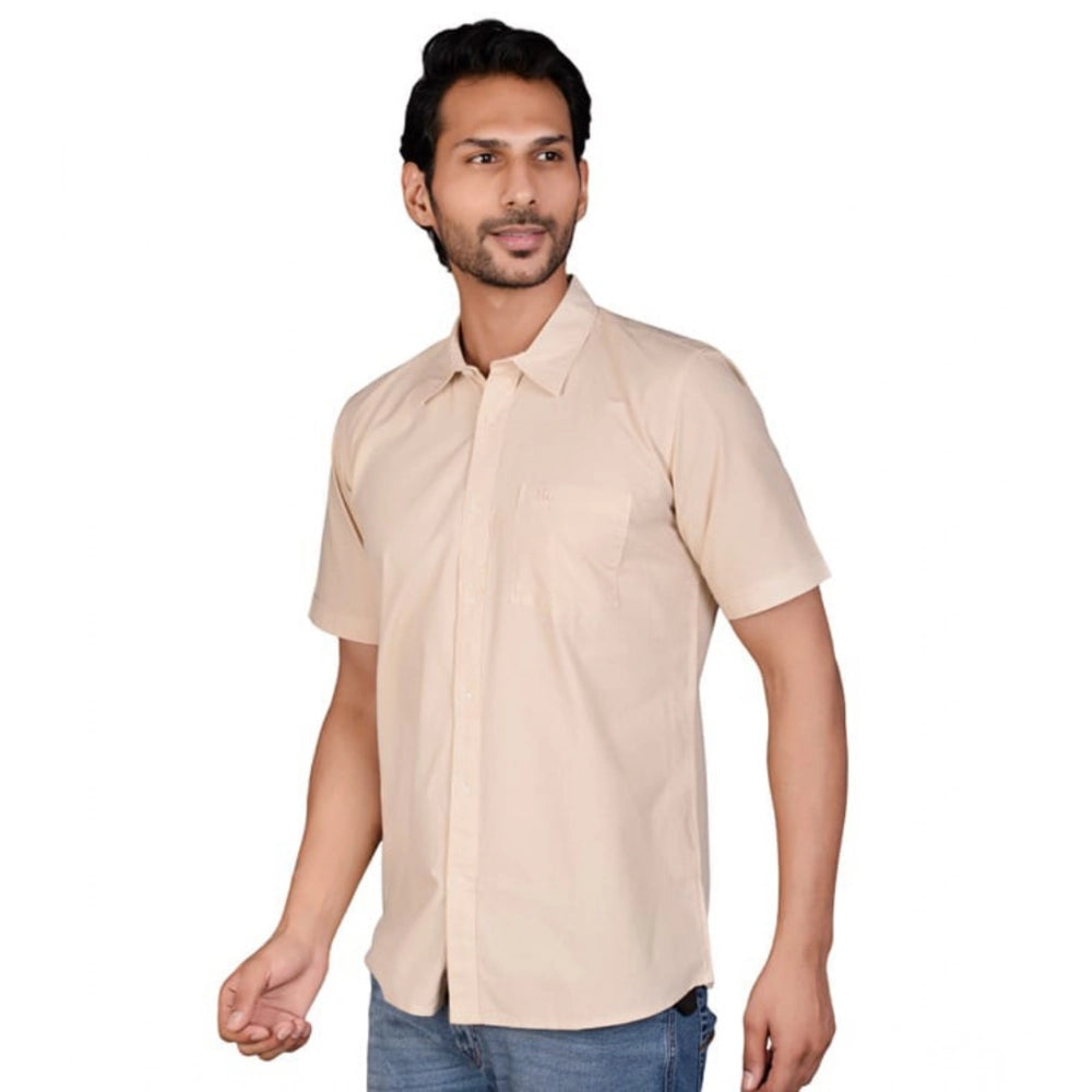 Beige cotton men's casual half sleeve solid shirt, ideal for relaxed everyday wear