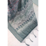 Gray linen digital print saree with unstitched blouse, vibrant pattern on display