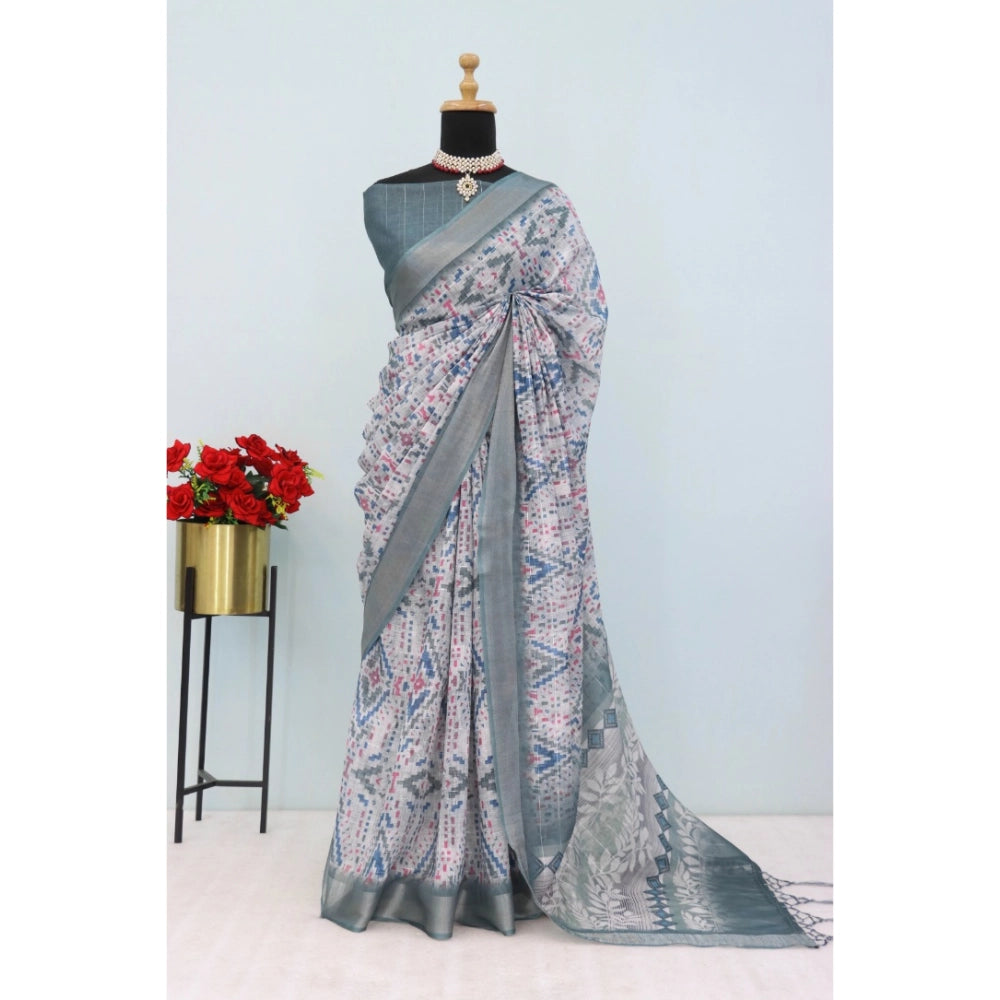Grey linen digital print saree with unstitched blouse (5.5mtr), vibrant design on display