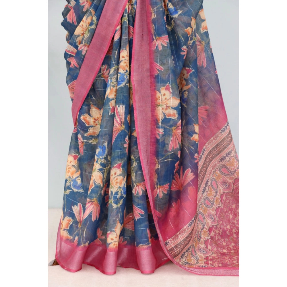 Blue linen digital print saree with unstitched blouse (5.5mtr), vibrant Indian fashion accessory