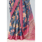 Blue linen digital print saree with unstitched blouse (5.5mtr), vibrant Indian fashion accessory