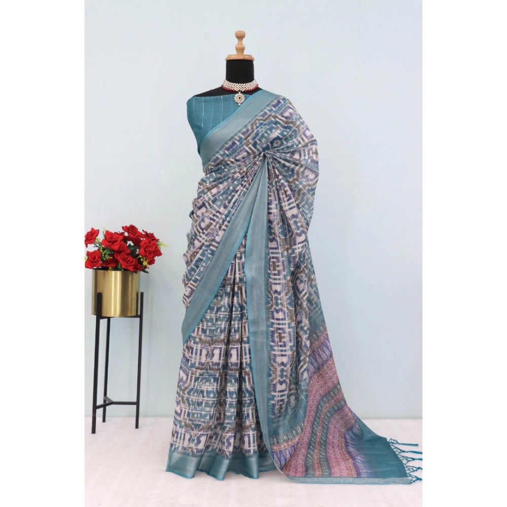 Green linen digital print saree with unstitched blouse (5.5Mtr), high-quality fashion accessory for Indian women