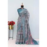 Green linen digital print saree with unstitched blouse (5.5Mtr), high-quality fashion accessory for Indian women