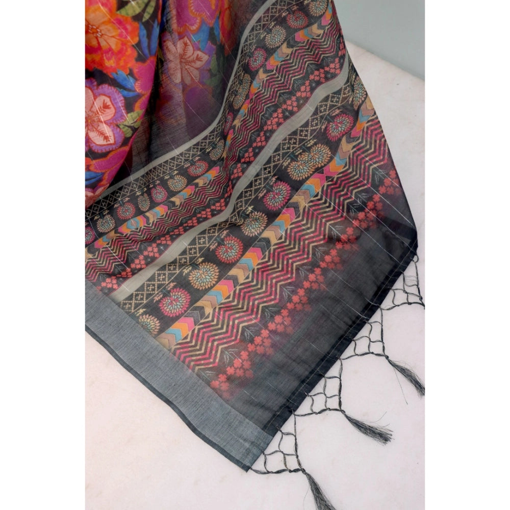 Grey linen digital print saree with unstitched blouse (5.5mtr), fashionable traditional Indian women's wear on display