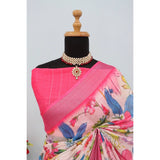 Pink linen digital print saree with unstitched blouse (5.5Mtr), versatile fashion wear for women