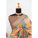Green linen digital print saree with unstitched blouse (5.5Mtr), traditional Indian fashion accessory