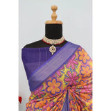 Multicolor linen digital print saree with unstitched blouse (5.5Mtr), vibrant Indian wear for women