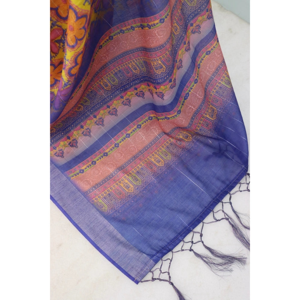 Multi-colored linen digital print saree with unstitched blouse, vibrant Indian women's fashion accessory 5.5Mtr length