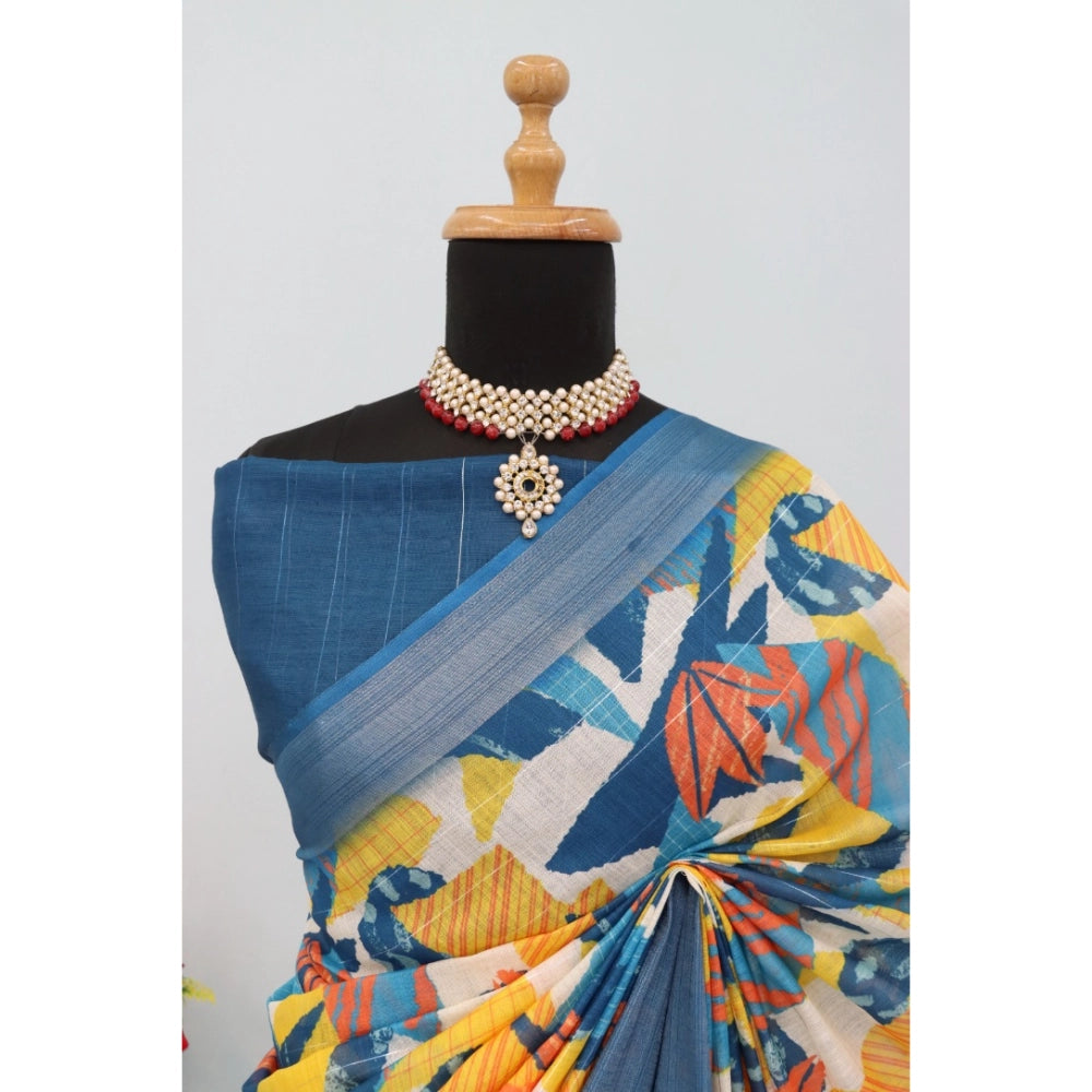 Multicolor linen digital print saree with unstitched blouse, 5.5Mtr - vibrant, high-quality Indian women's wear