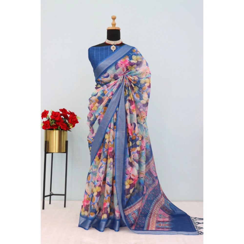 Blue linen digital print saree with unstitched blouse, vibrant Indian women's wear accessory