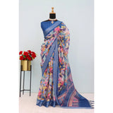 Blue linen digital print saree with unstitched blouse, vibrant Indian women's wear accessory