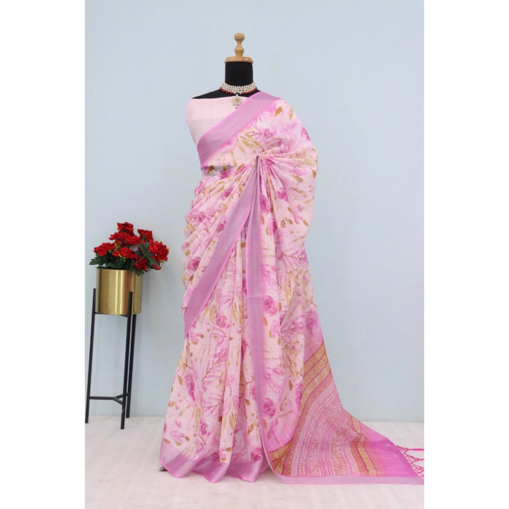 Pink linen digital print saree with unstitched blouse (5.5mtr) on mannequin