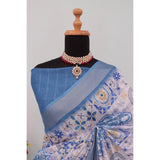Blue linen digital print saree with unstitched blouse (5.5mtr), versatile women's fashion accessory