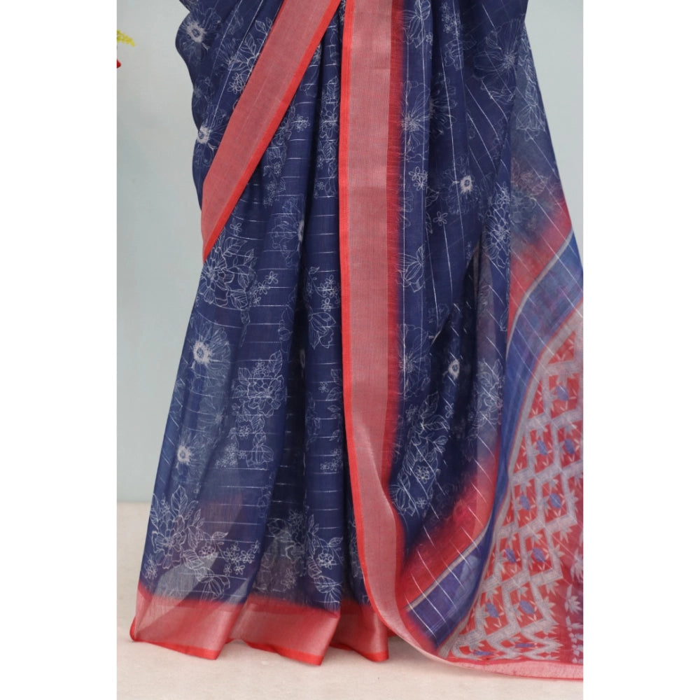 Blue linen digital print saree with unstitched blouse (5.5Mtr) on model
