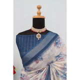 Blue linen digital print saree with unstitched blouse, vibrant pattern for Indian fashion