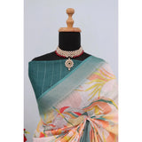 Green linen digital print saree with unstitched blouse, vibrant floral patterns on display