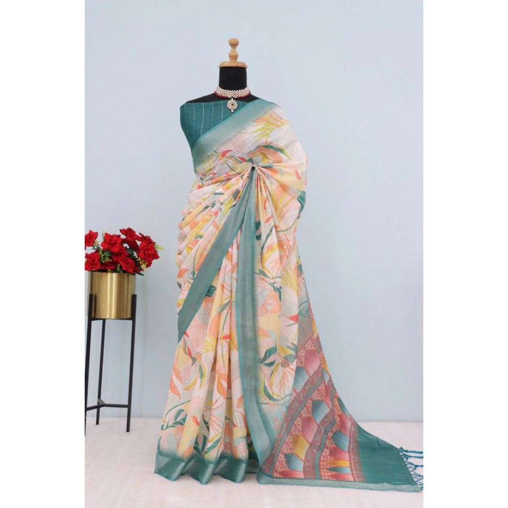 Green linen digital print saree with unstitched blouse (5.5Mtr) on model