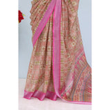Pink linen digital print saree with unstitched blouse, 5.5mtr length on model