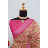 Pink linen digital print saree with unstitched blouse (5.5mtr), women's traditional Indian wear for special occasions