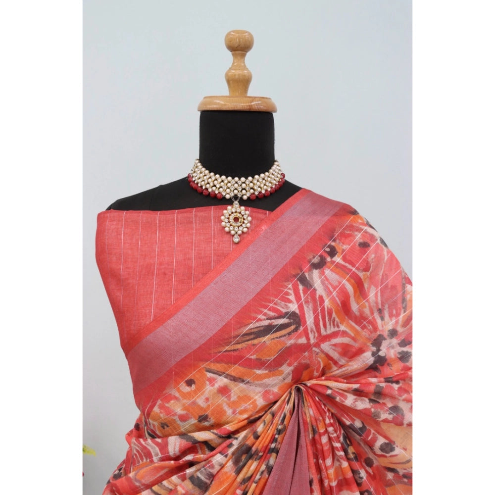 Pink linen digital print saree with unstitched blouse (5.5mtr), vibrant pattern for traditional Indian wear