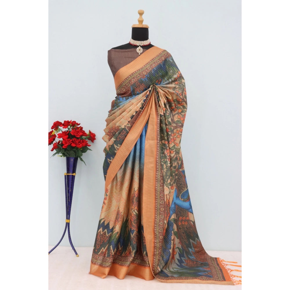 Multicolor Mysore Silk digital print saree with unstitched blouse, vibrant pattern on flowing fabric