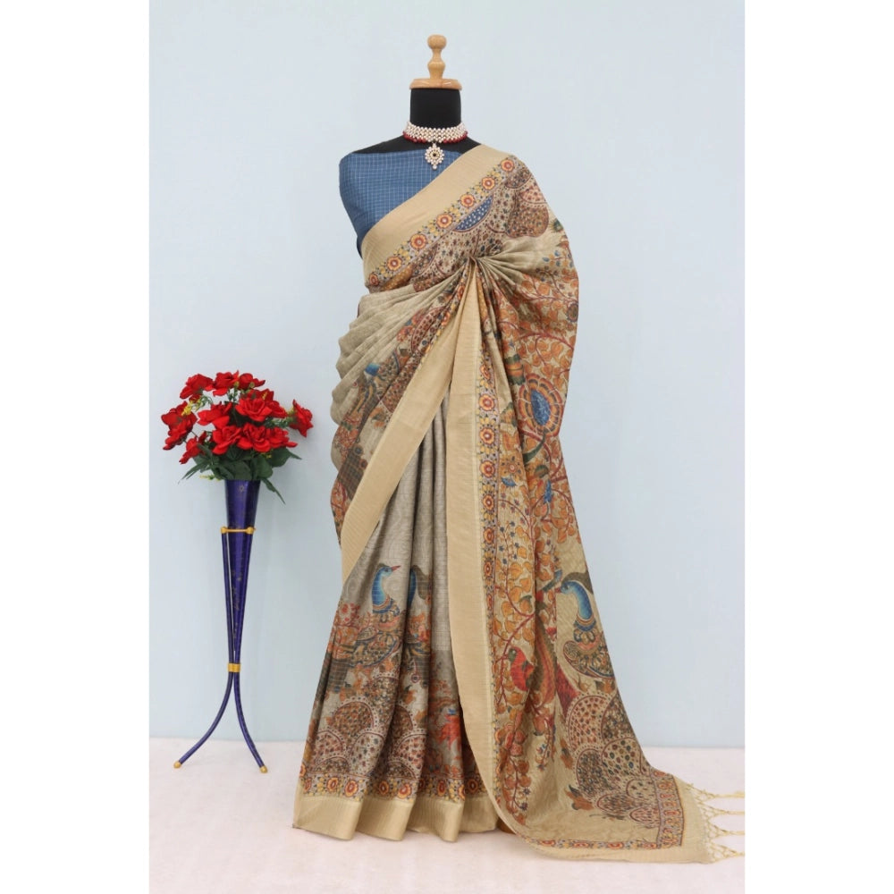 Mysoре silk beige digital print saree with unstitched blouse, 5.5mtr - traditional women's attire for festive occasions