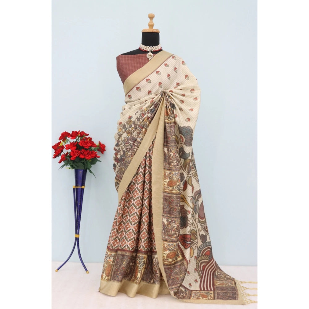 Mysoresilk digital print beige saree with unstitched blouse, 5.5mtr length - vibrant traditional Indian attire on display