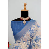 Blue linen digital print saree with unstitched blouse (5.5Mtr) on model