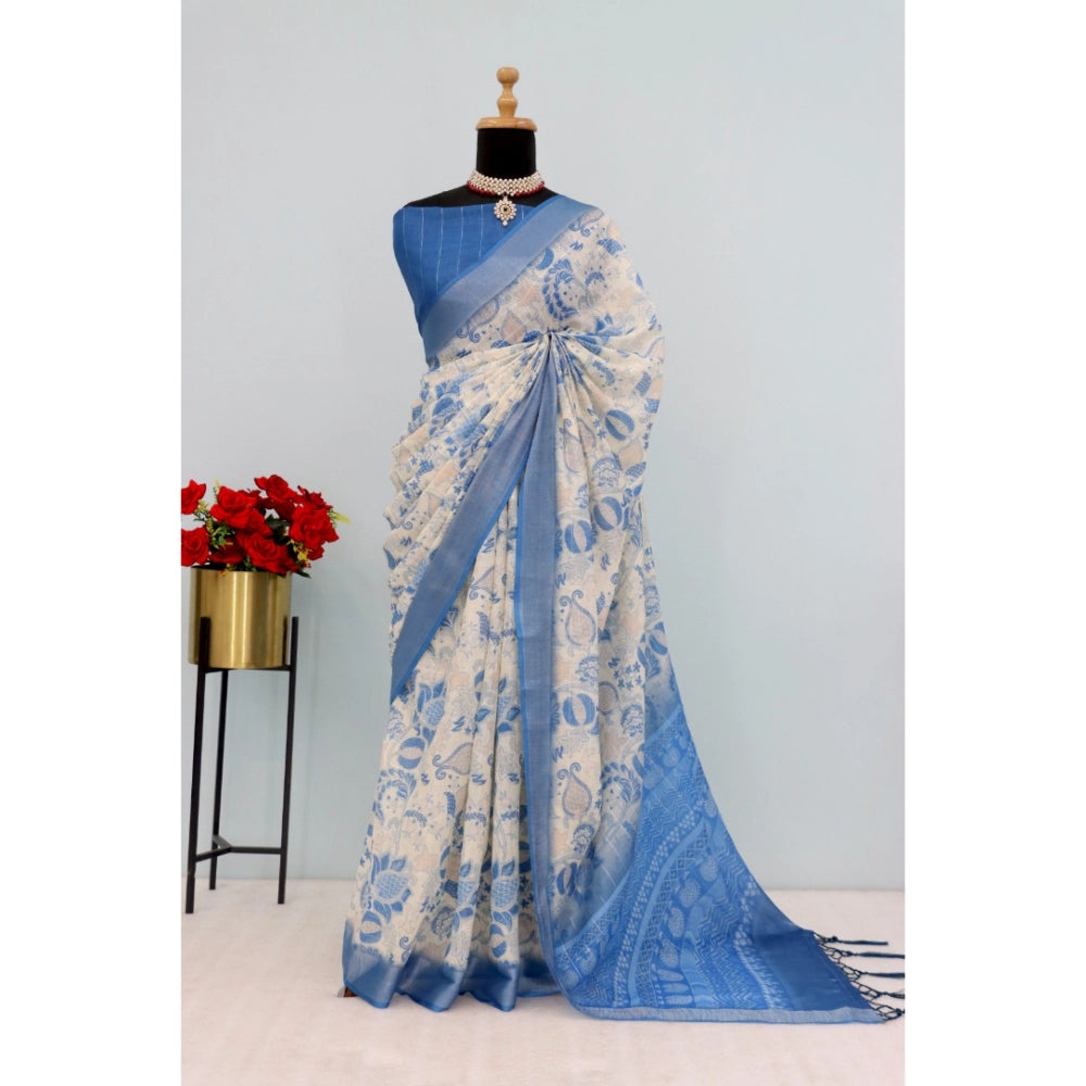 Blue linen digital print saree with unstitched blouse (5.5mtr) on mannequin for traditional Indian wear