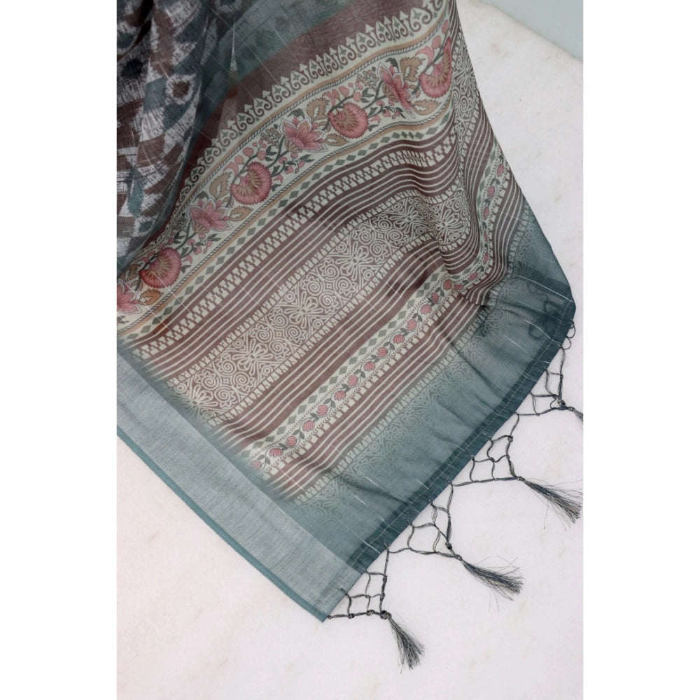 Grey linen digital print saree with unstitched blouse, 5.5Mtr on model