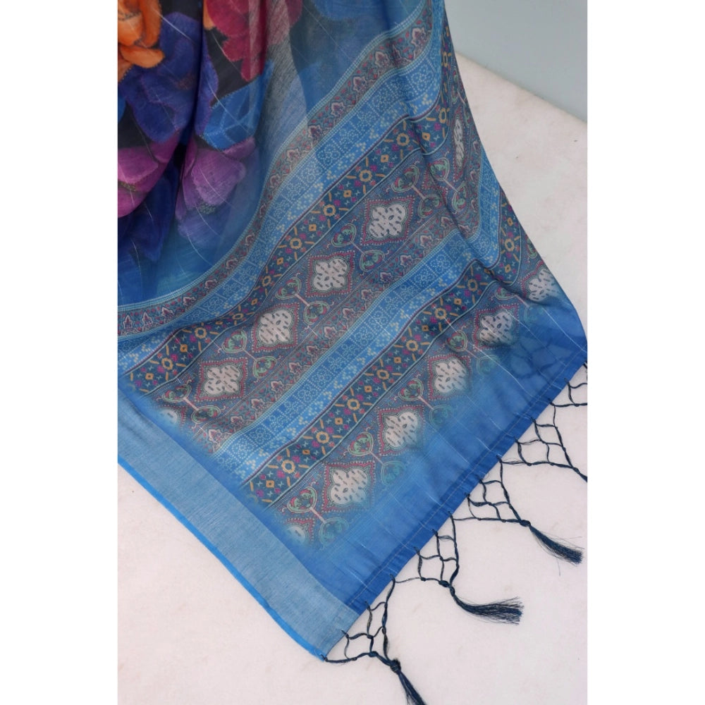 Blue linen digital print saree with unstitched blouse, vibrant floral pattern on display