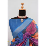 Blue linen digital print saree with unstitched blouse (5.5Mtr) - vibrant, traditional Indian women's fashion