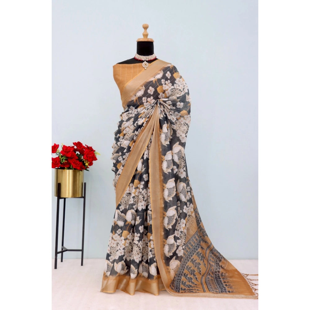 Black linen digital print saree with unstitched blouse (5.5mtr)