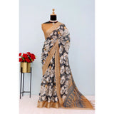 Black linen digital print saree with unstitched blouse (5.5mtr)