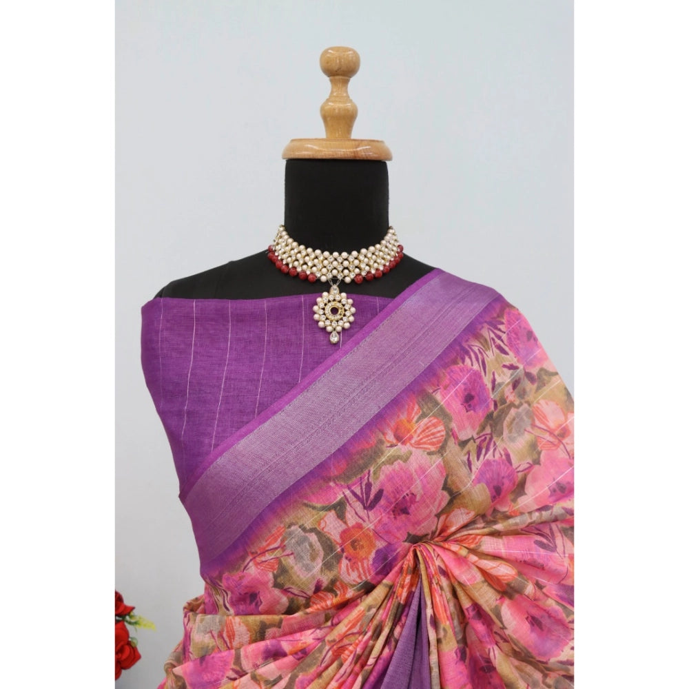 Purple linen digital print saree with unstitched blouse (5.5mtr), vibrant traditional Indian wear for women