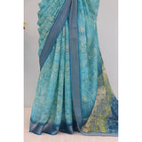 Sky blue linen digital print saree with unstitched blouse, 5.5mtr length