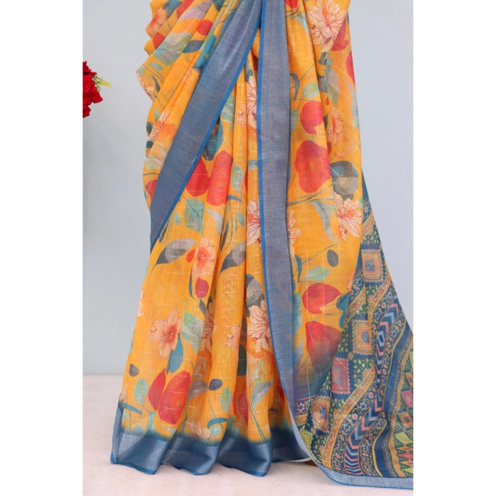 Yellow linen digital print saree with unstitched blouse (5.5Mtr) on mannequin